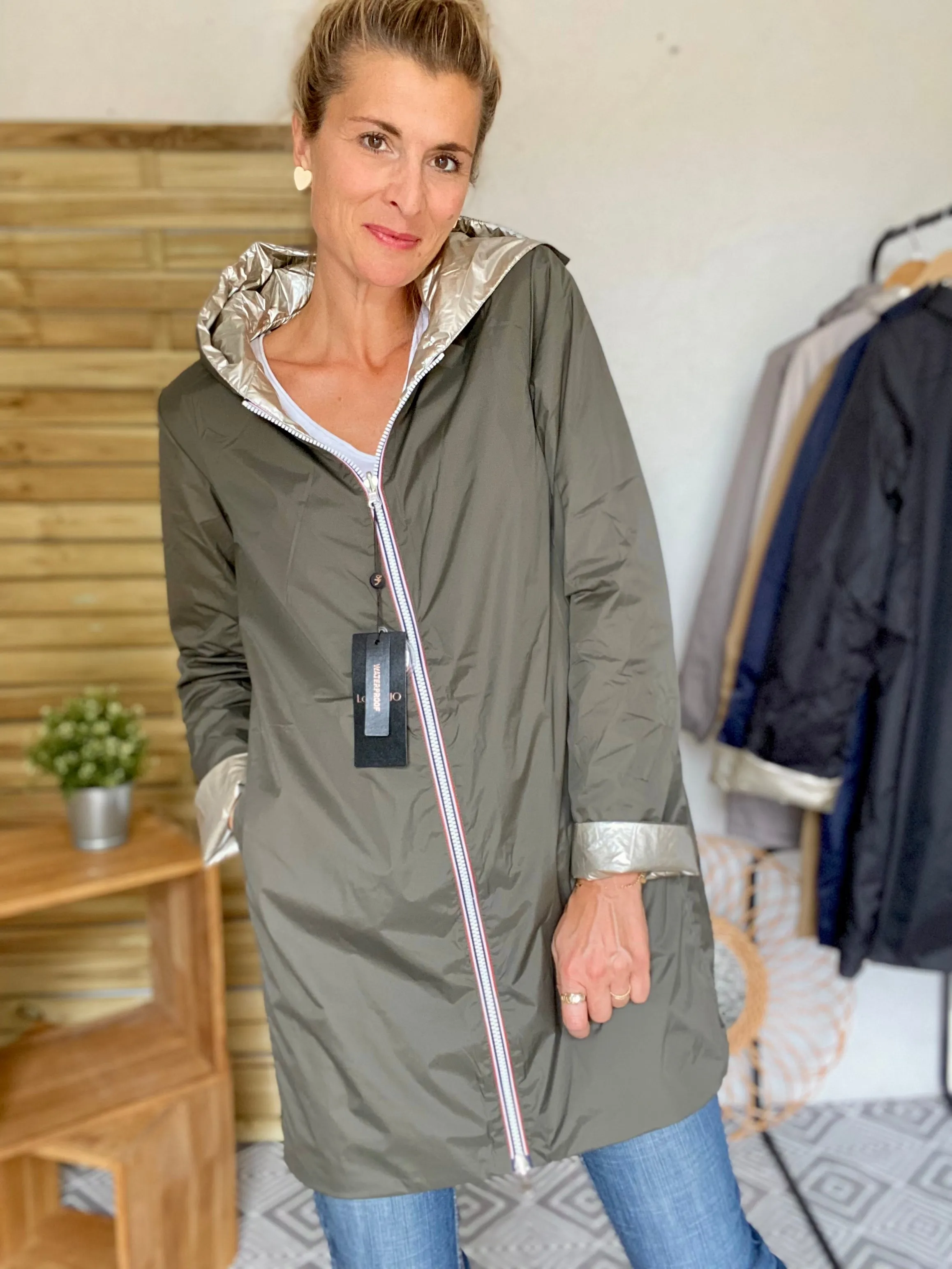 *** PROMO - Taille XL - Imperméable réversible rembourré LOUISON LONG - Kaki/Doré - Laura Jo