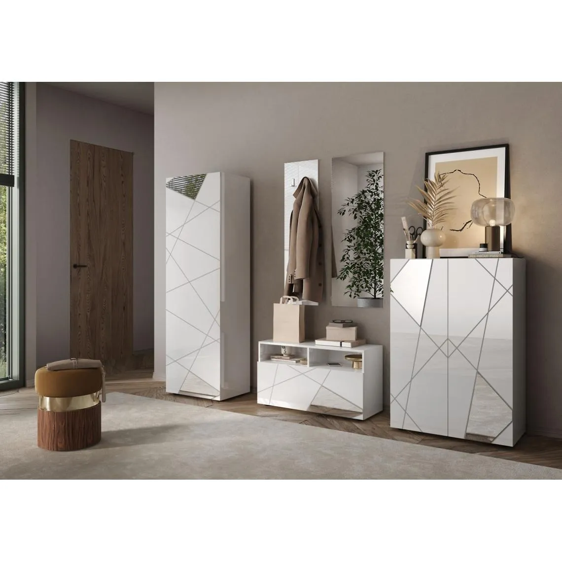 Armoire de couloir Villaricca 1 Porte blanc serigraphie Miroir  | 3 Suisses