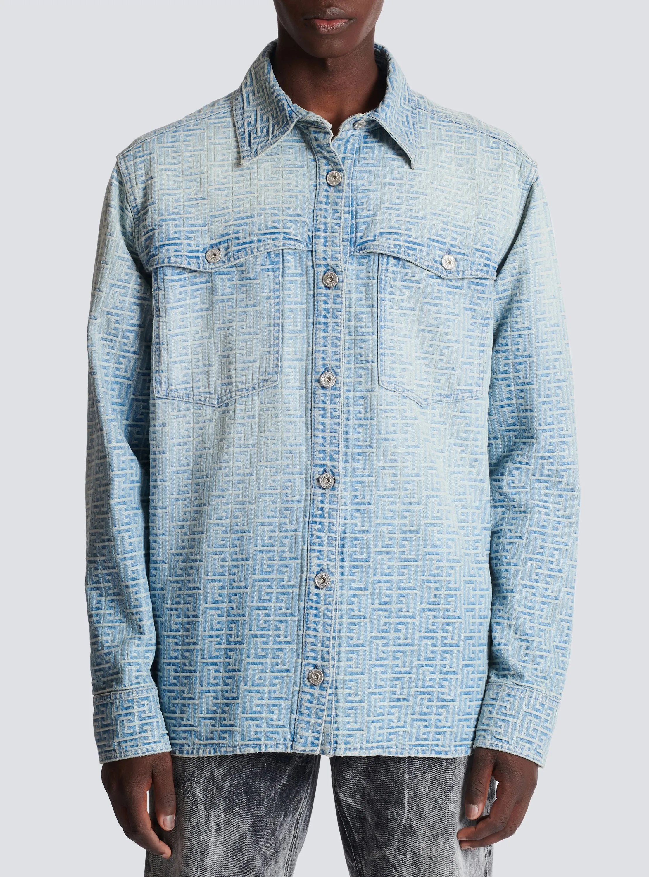 BALMAIN  Chemise en denim jacquard monogramme - Bleu