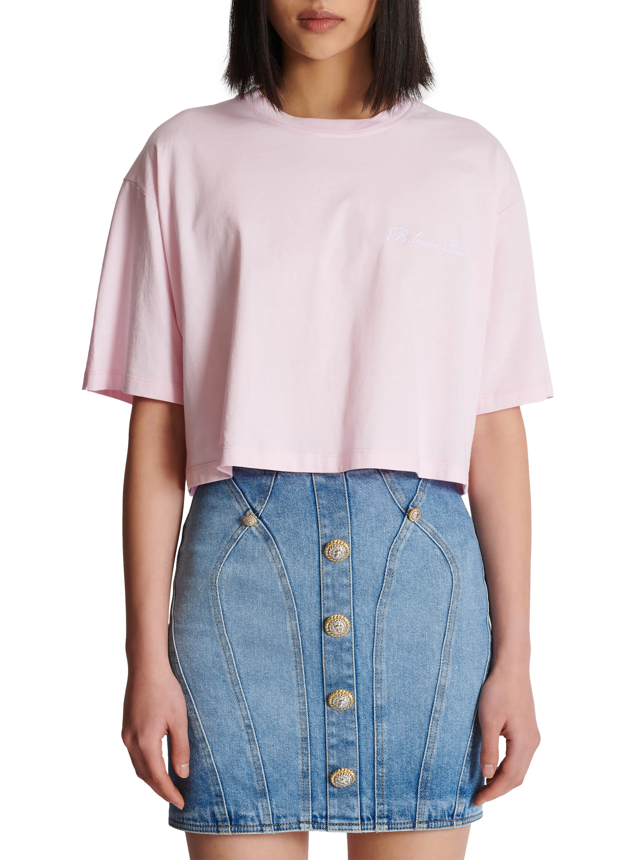 BALMAIN  T-shirt avec broderie balmain signature - Rose