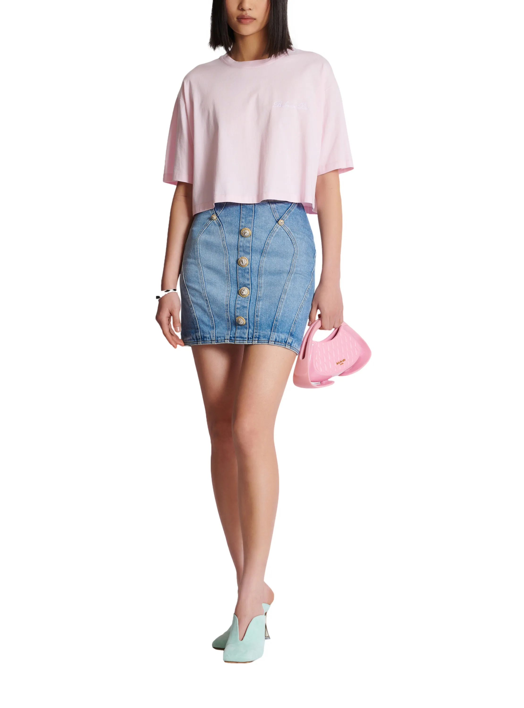 BALMAIN  T-shirt avec broderie balmain signature - Rose