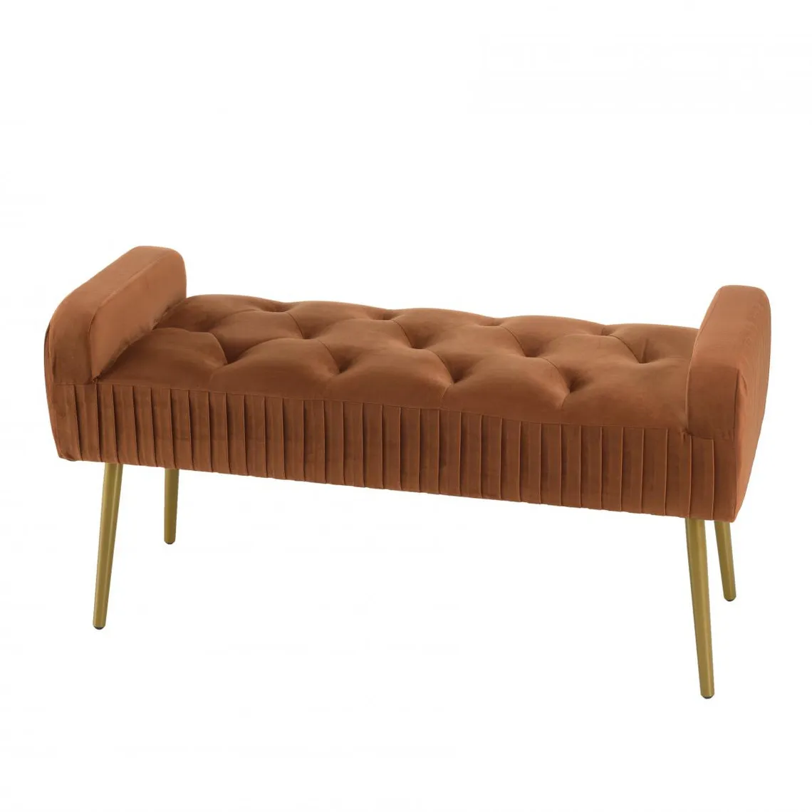 Banc de lit en velours orange pieds métal doré | 3 Suisses