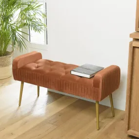 Banc de lit en velours orange pieds métal doré | 3 Suisses