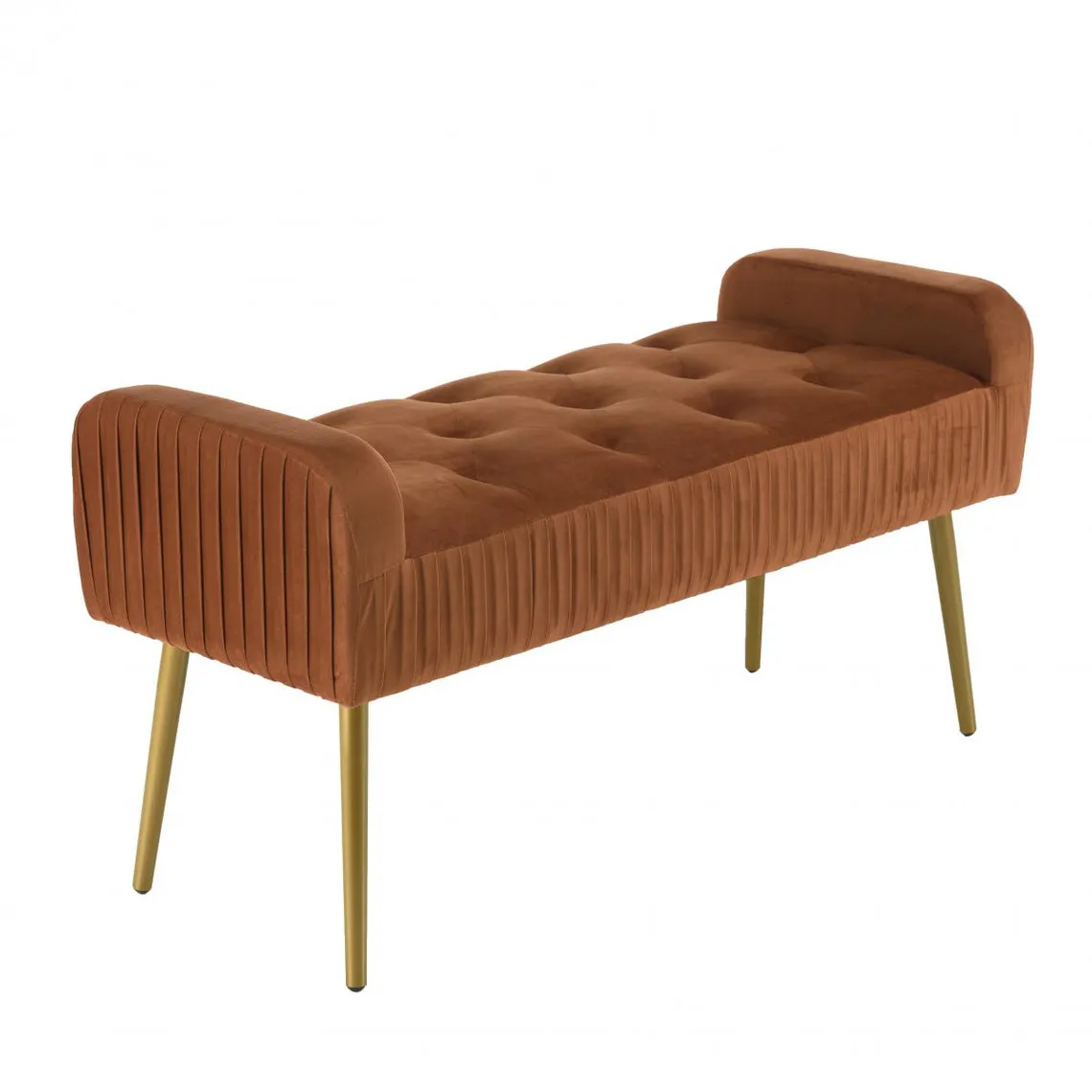 Banc de lit en velours orange pieds métal doré | 3 Suisses