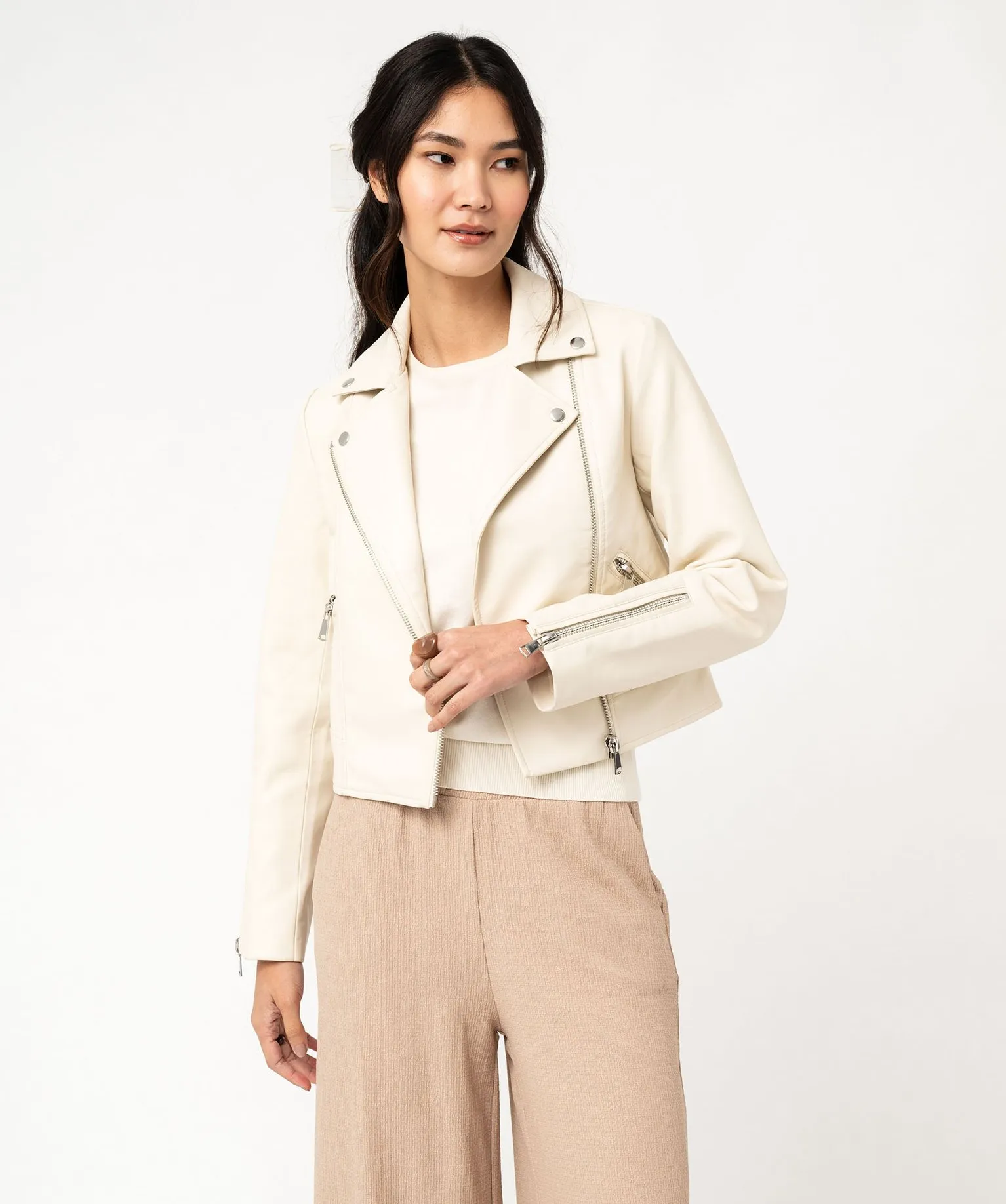 Blouson biker en synthétique imitation cuir femme ecru