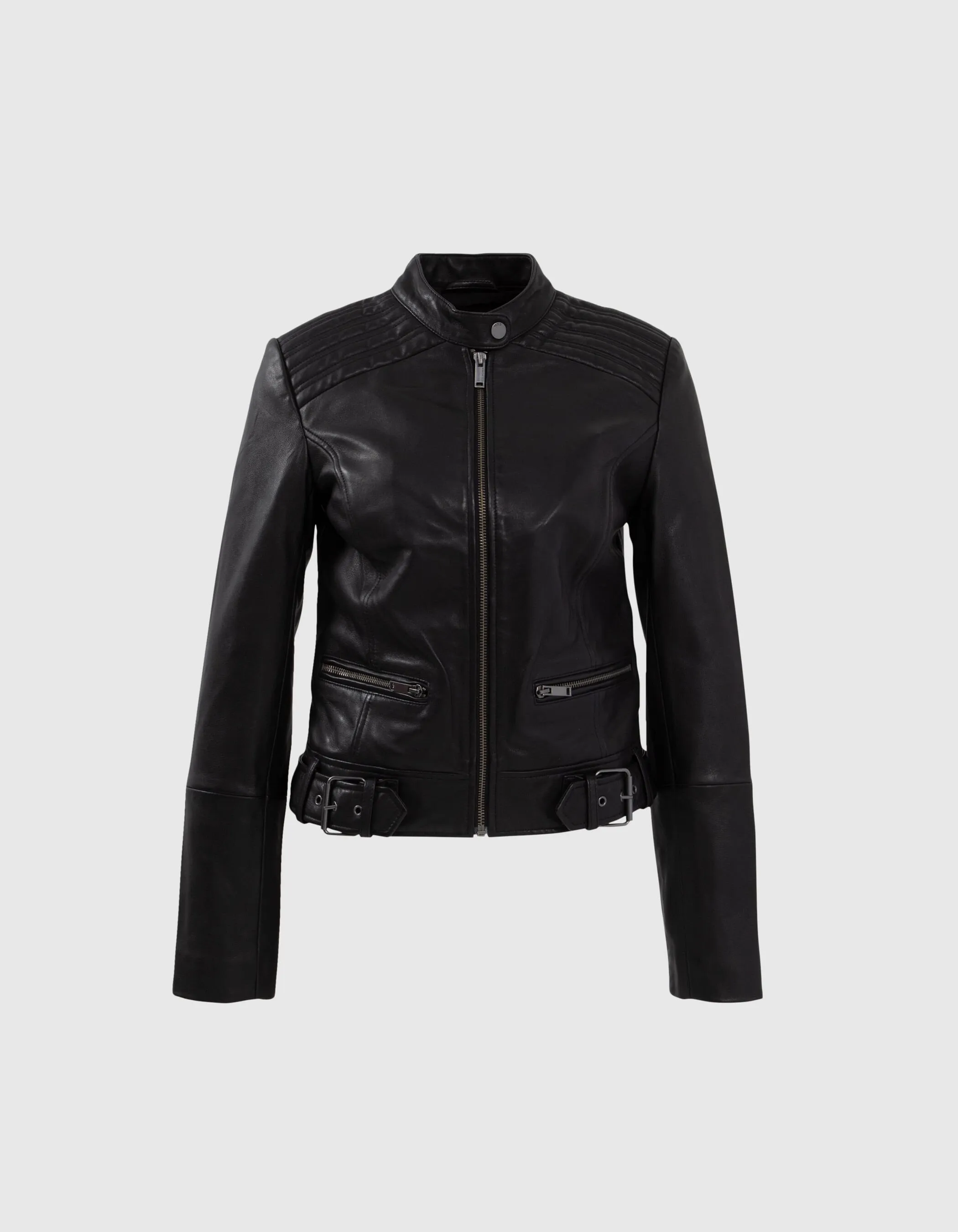 Blouson en cuir noir ajusté épaules matelassées Femme