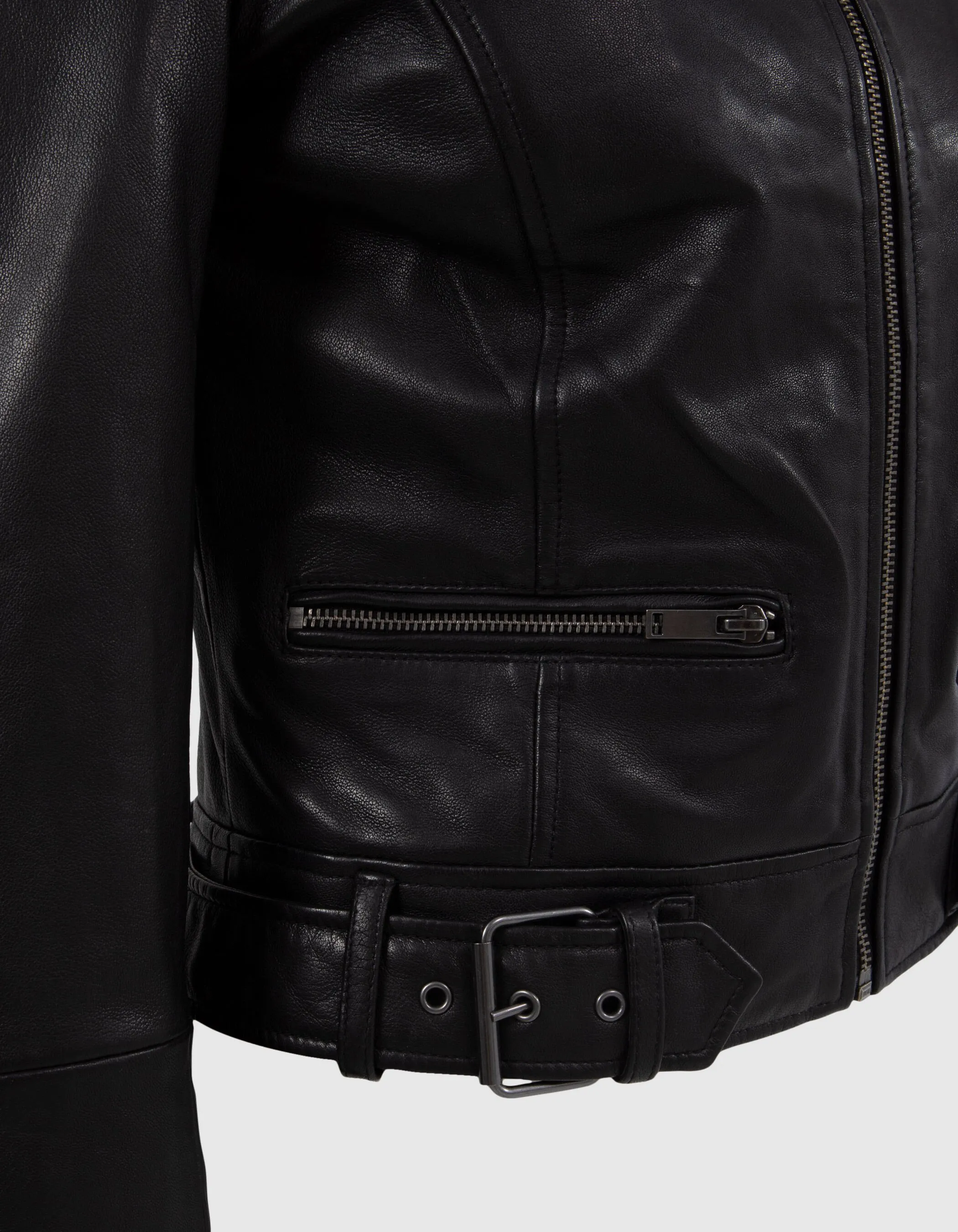 Blouson en cuir noir ajusté épaules matelassées Femme