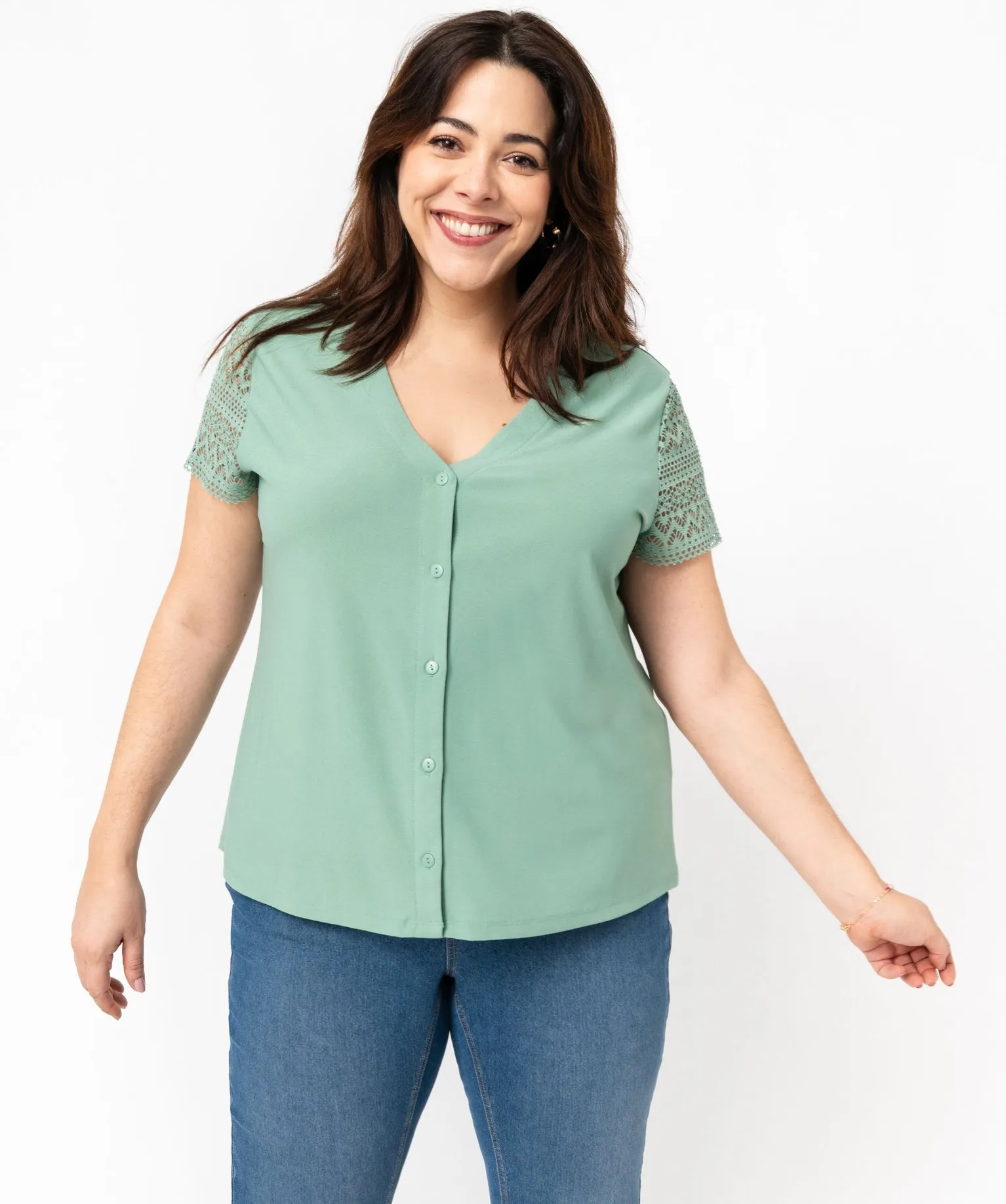 Blouson manches courtes ajourées en maille fluide femme grande taille vert