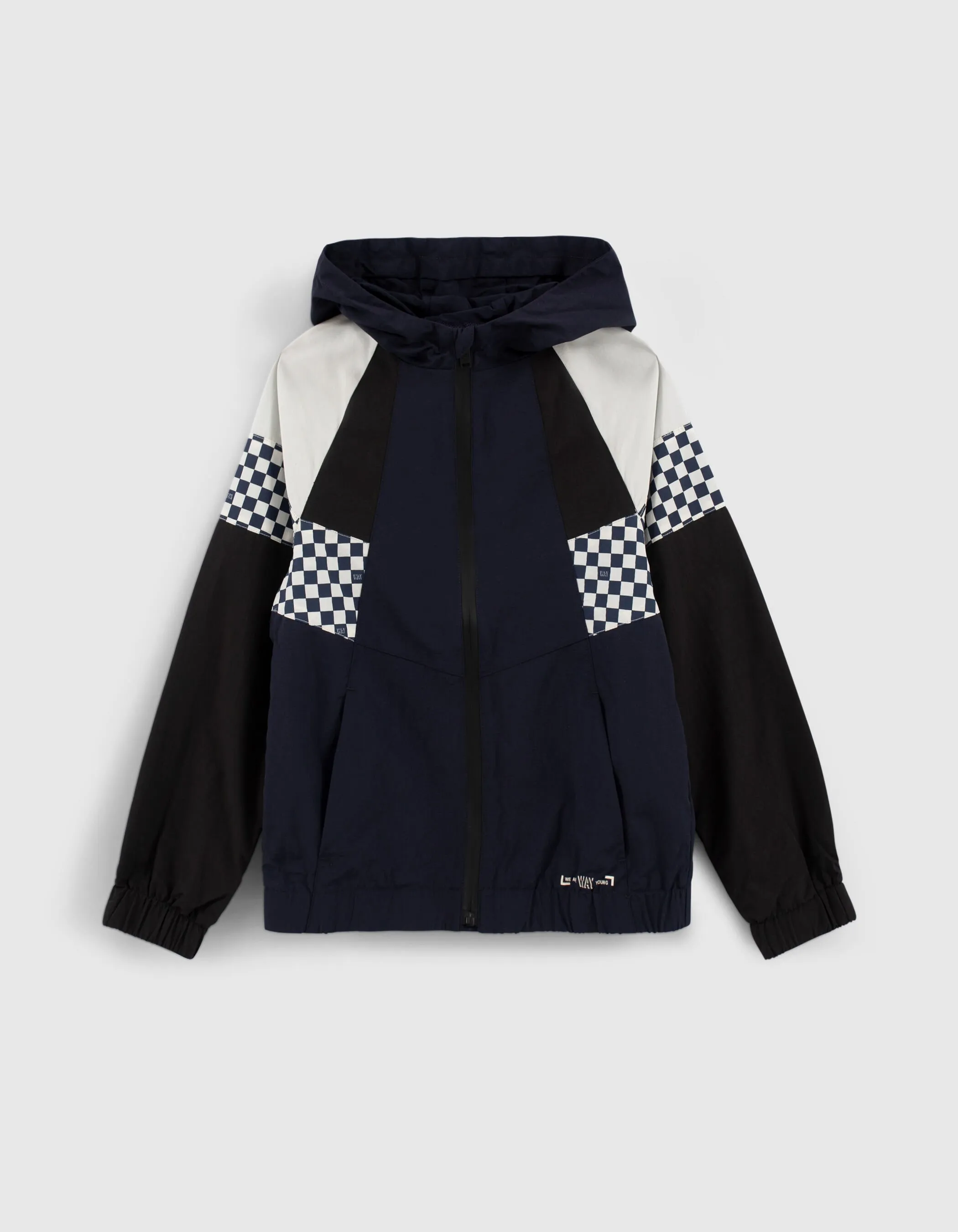 Blouson marine, noir, écru avec damier garçon