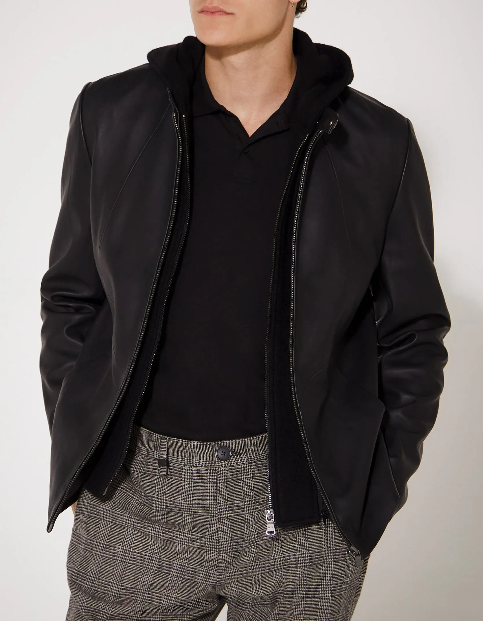 Blouson noir en cuir avec découpes Homme