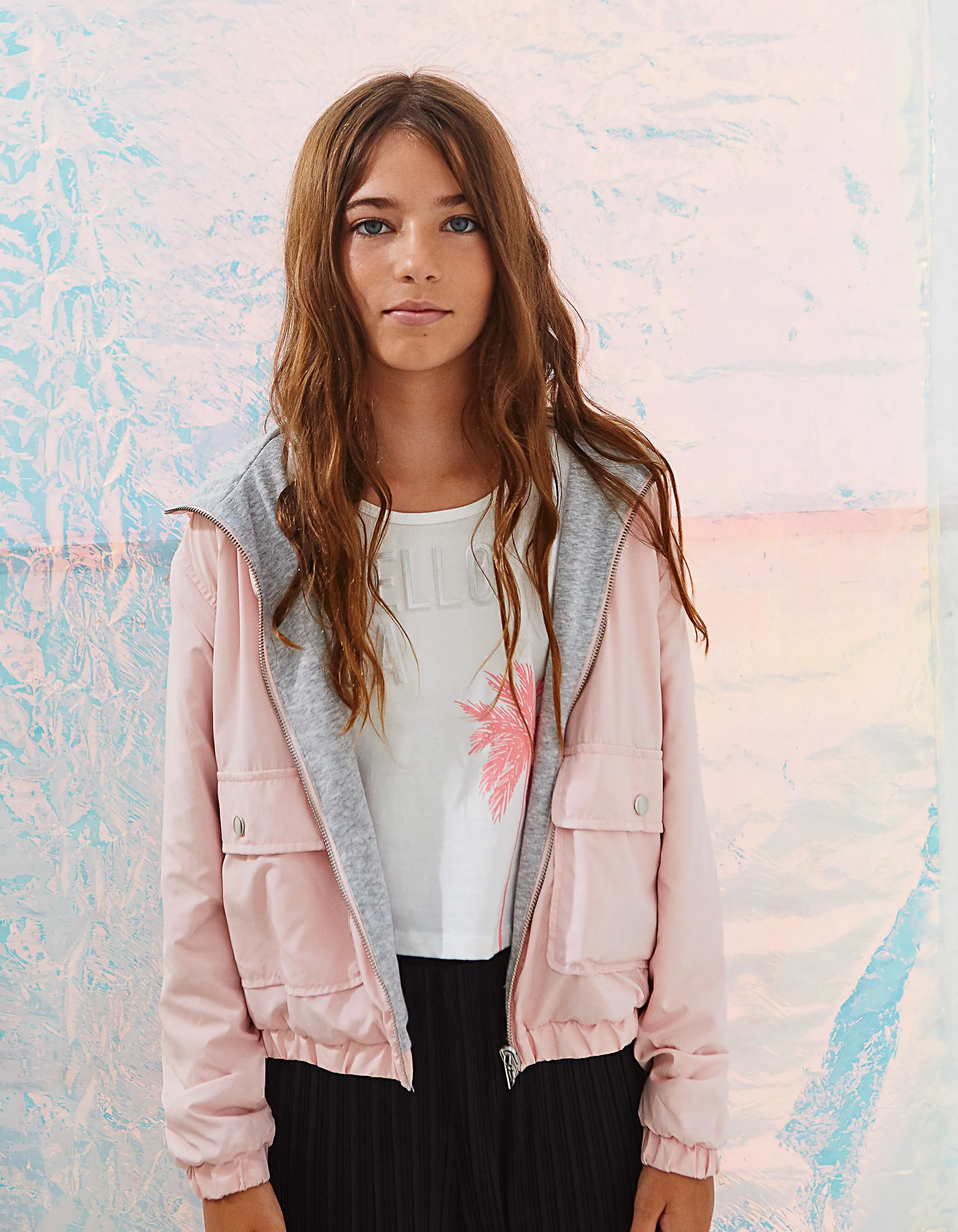 Blouson réversible rose pastel et gris fille