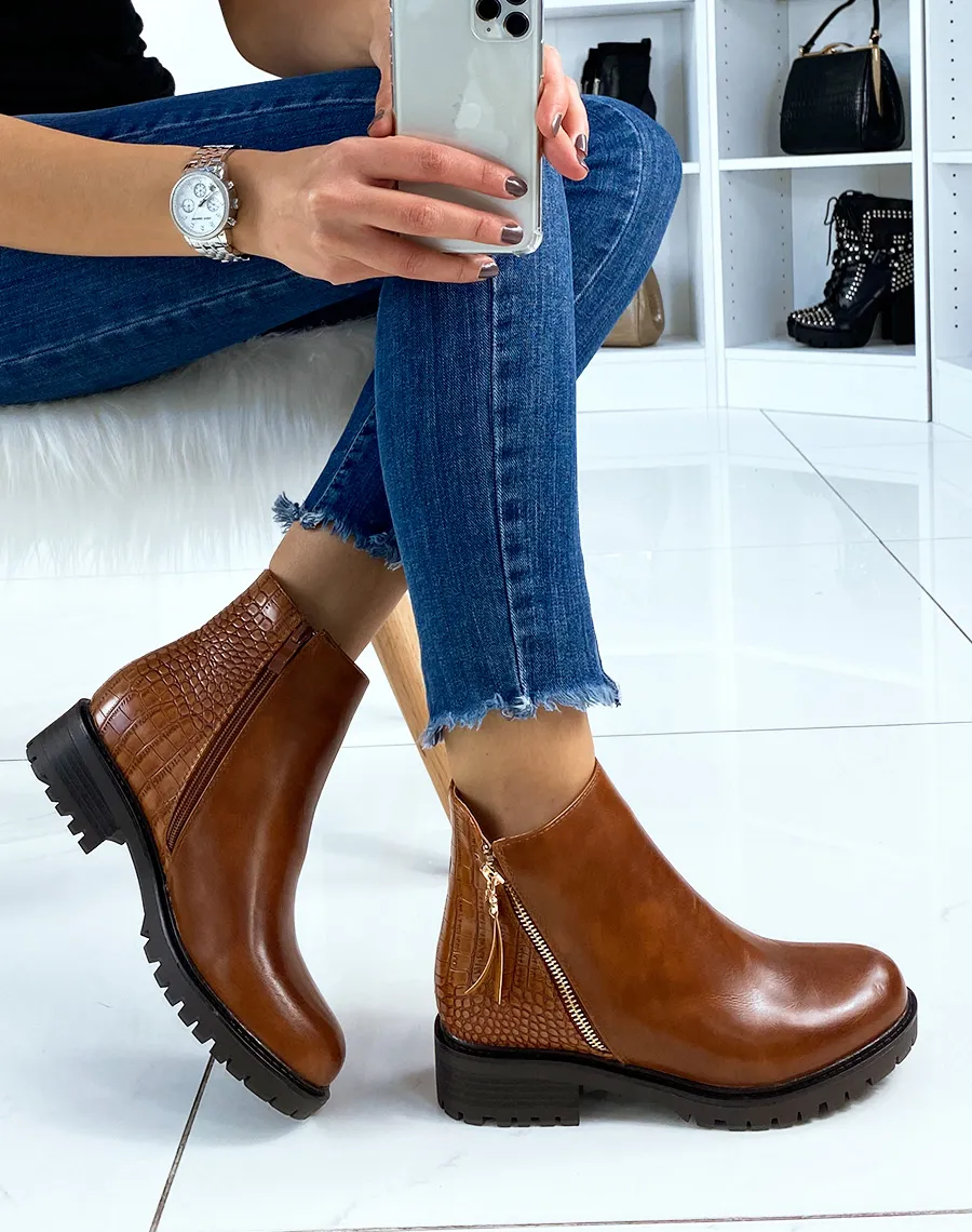 Bottines camel bi-matière effet croco