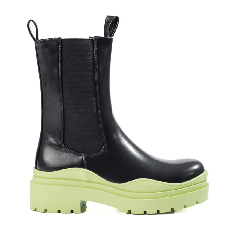 Bottines Chelsea hautes noir-vert pour femme sur plateforme Shelovet épaisse le noir