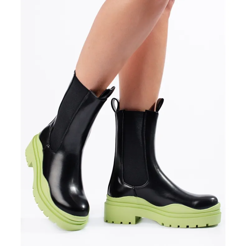 Bottines Chelsea hautes noir-vert pour femme sur plateforme Shelovet épaisse le noir