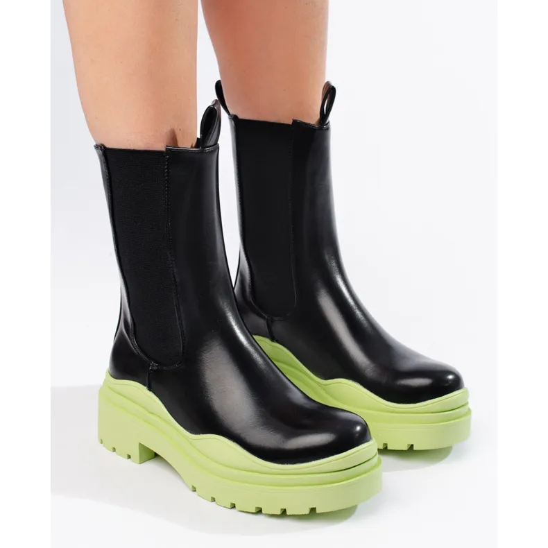 Bottines Chelsea hautes noir-vert pour femme sur plateforme Shelovet épaisse le noir