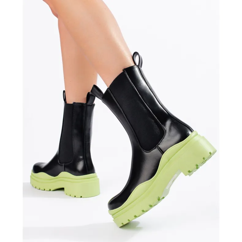 Bottines Chelsea hautes noir-vert pour femme sur plateforme Shelovet épaisse le noir