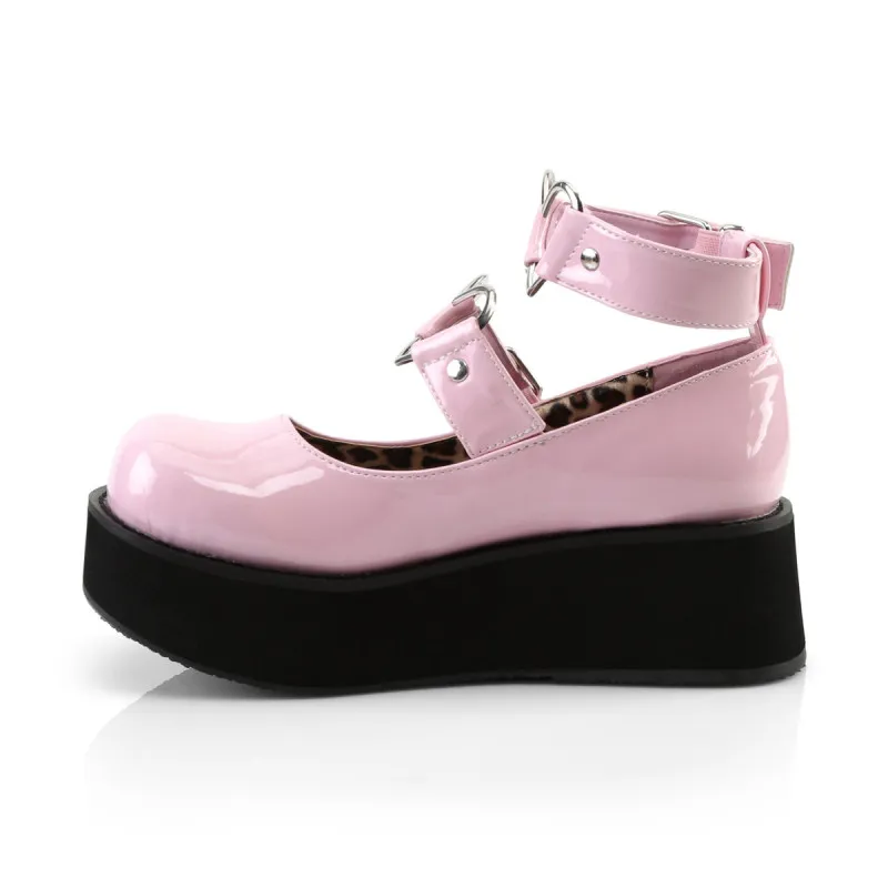 Chaussure gothique compensée rose vernis & anneaux en coeur | DemoniaCult femme