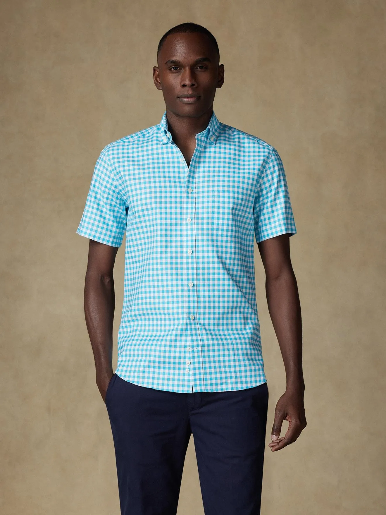 Chemise manches courtes Ash à carreaux turquoise - Col boutonné