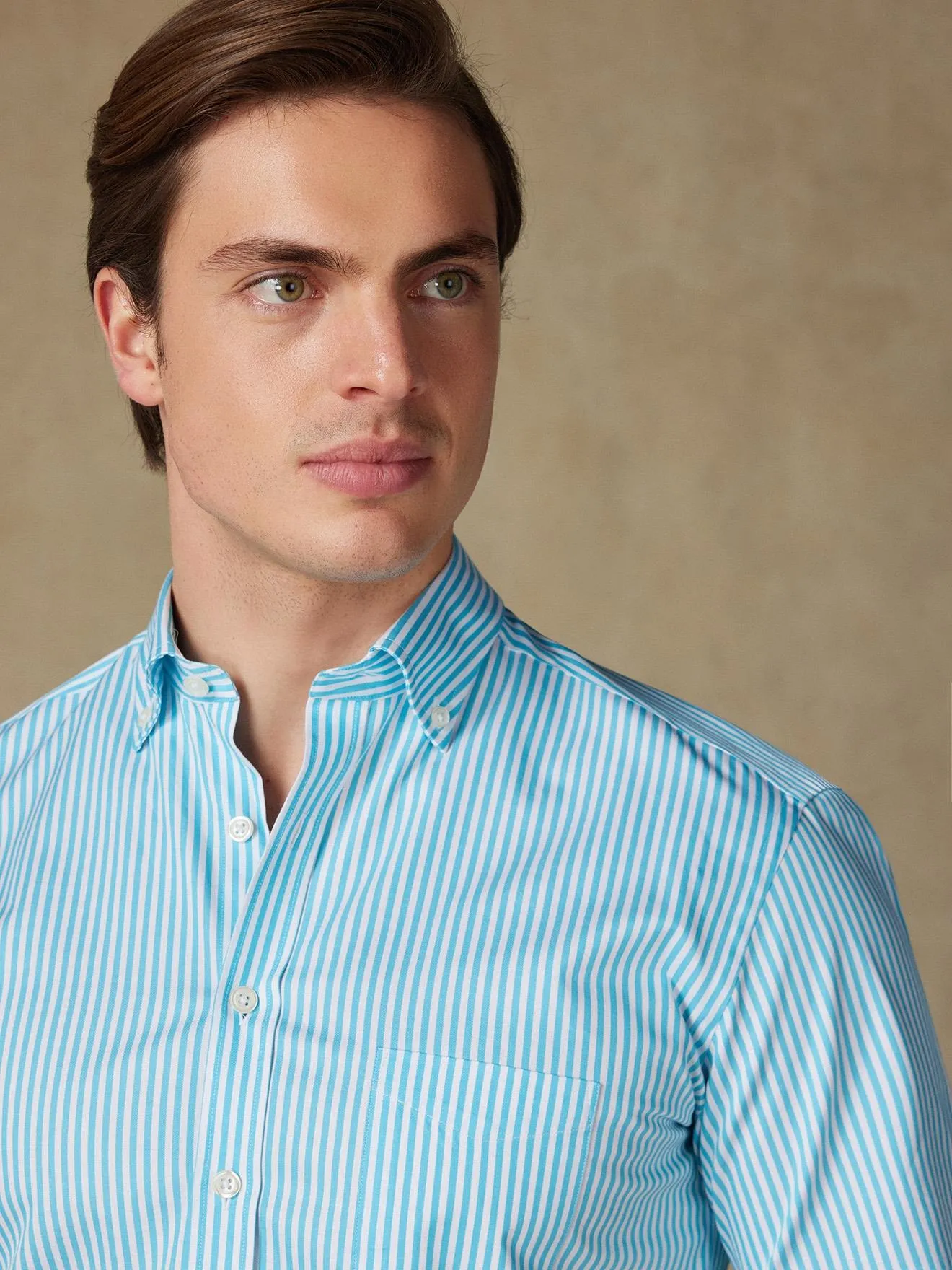 Chemise manches courtes Barry à rayures turquoise - Col boutonné