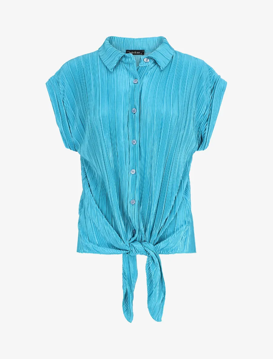 Chemise plissée à noeud et manches courtes - Turquoise