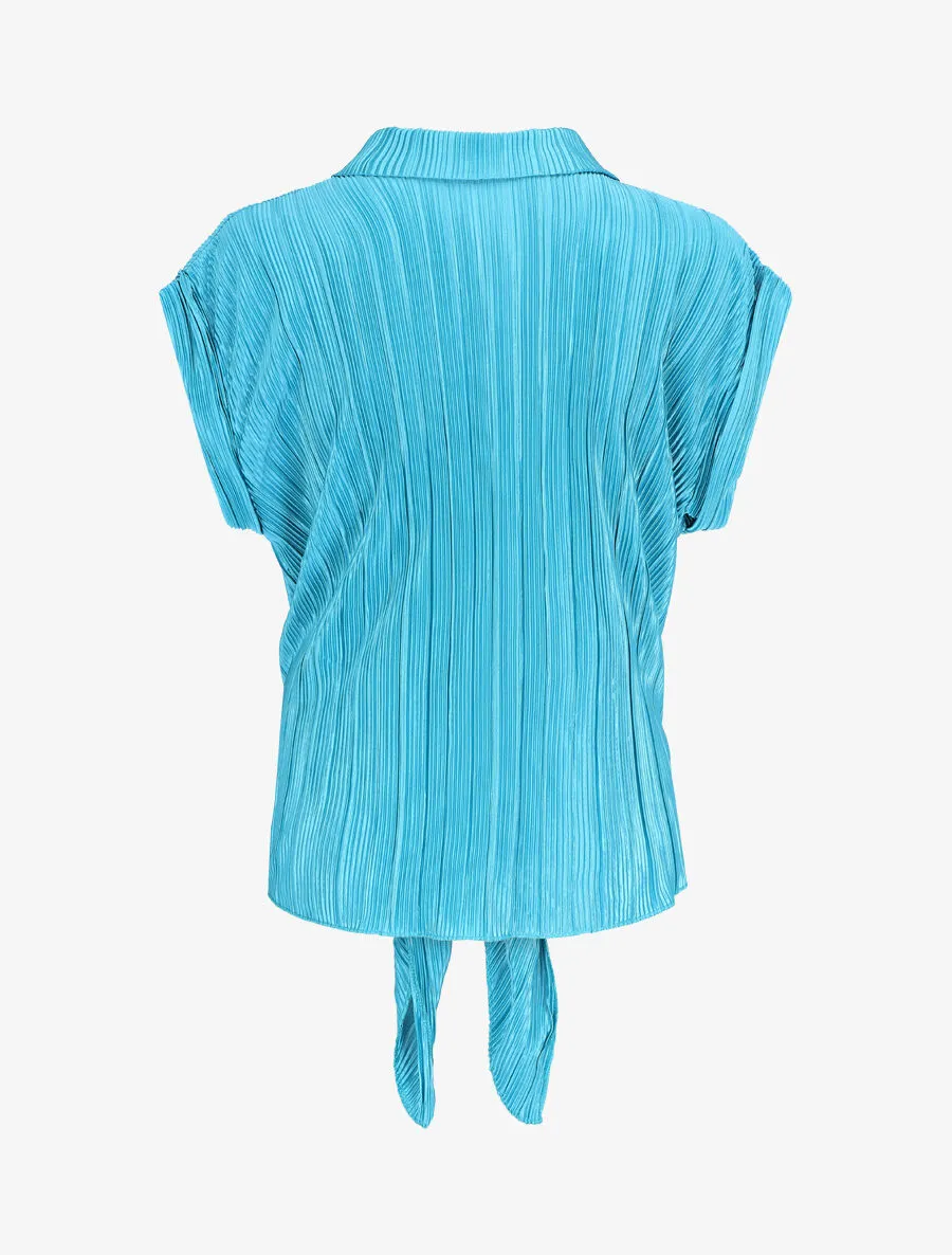 Chemise plissée à noeud et manches courtes - Turquoise