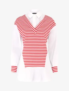 Chemise trompe l'oeil empiécé sweat rayé - rouge