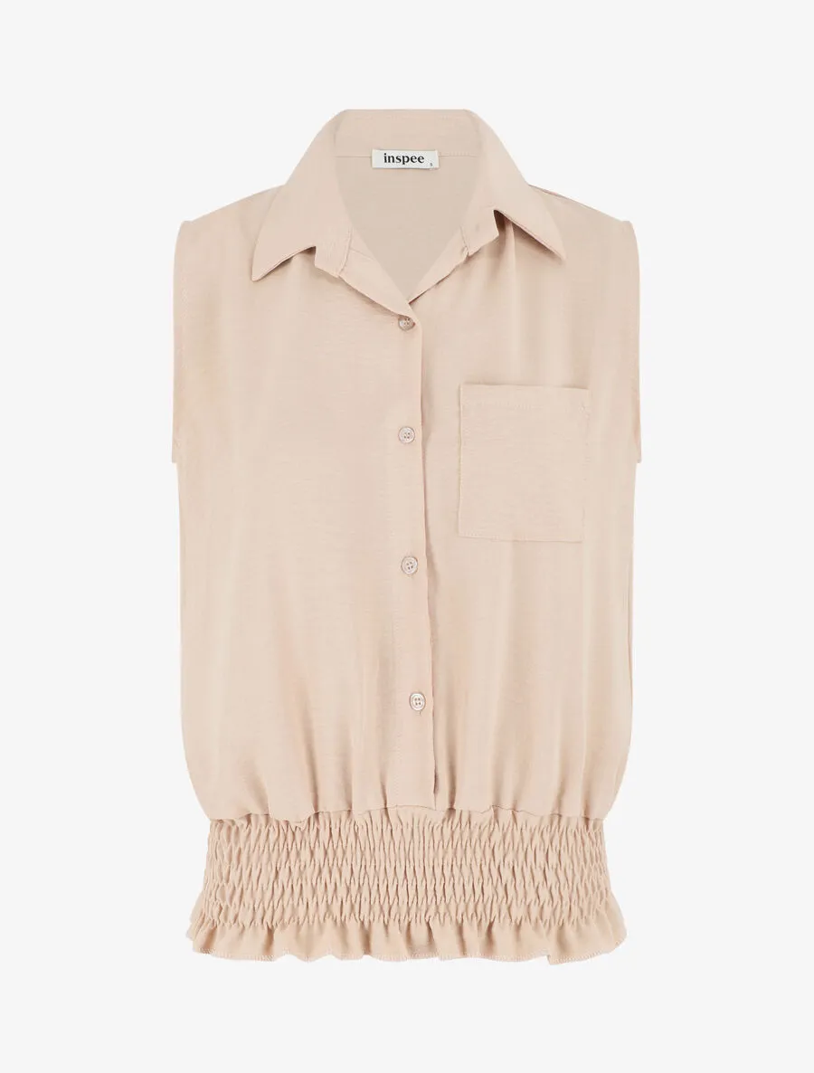 Chemise uni sans manches à bord élastiqué - Beige