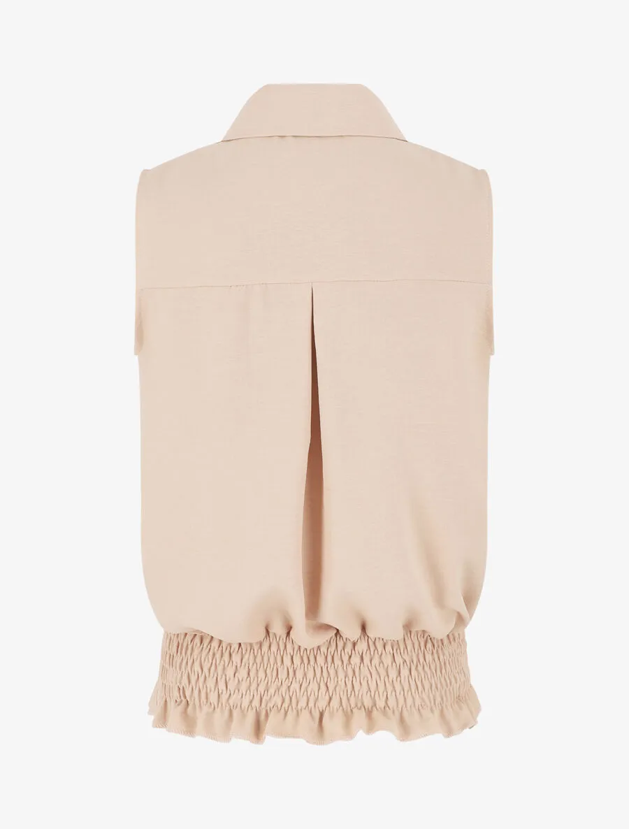 Chemise uni sans manches à bord élastiqué - Beige