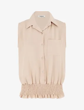 Chemise uni sans manches à bord élastiqué - Beige