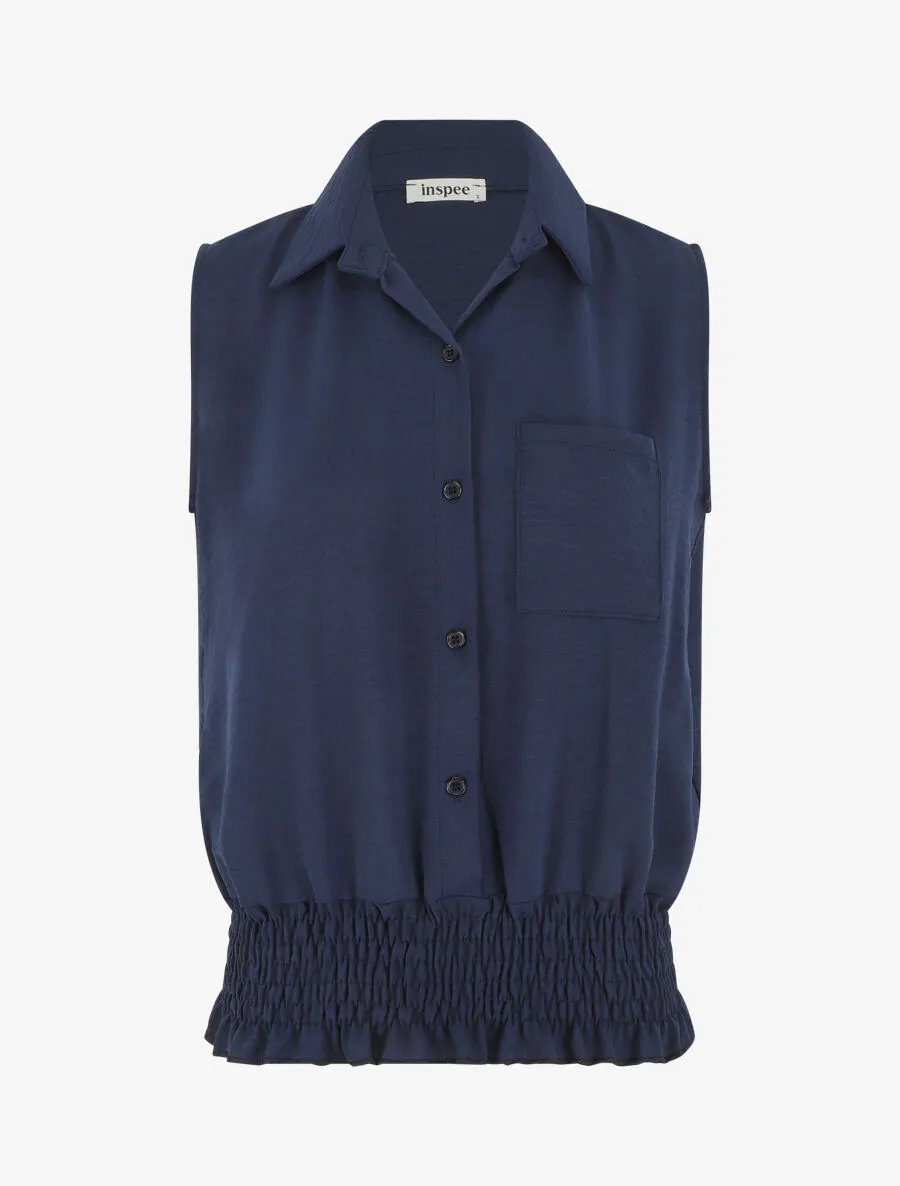 Chemise uni sans manches à bord élastiqué - Marine