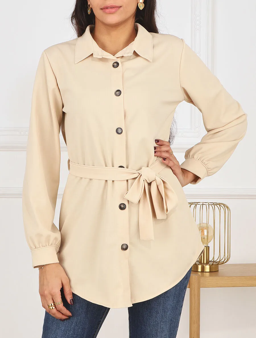 Chemise unie ceinturée oversize - Beige