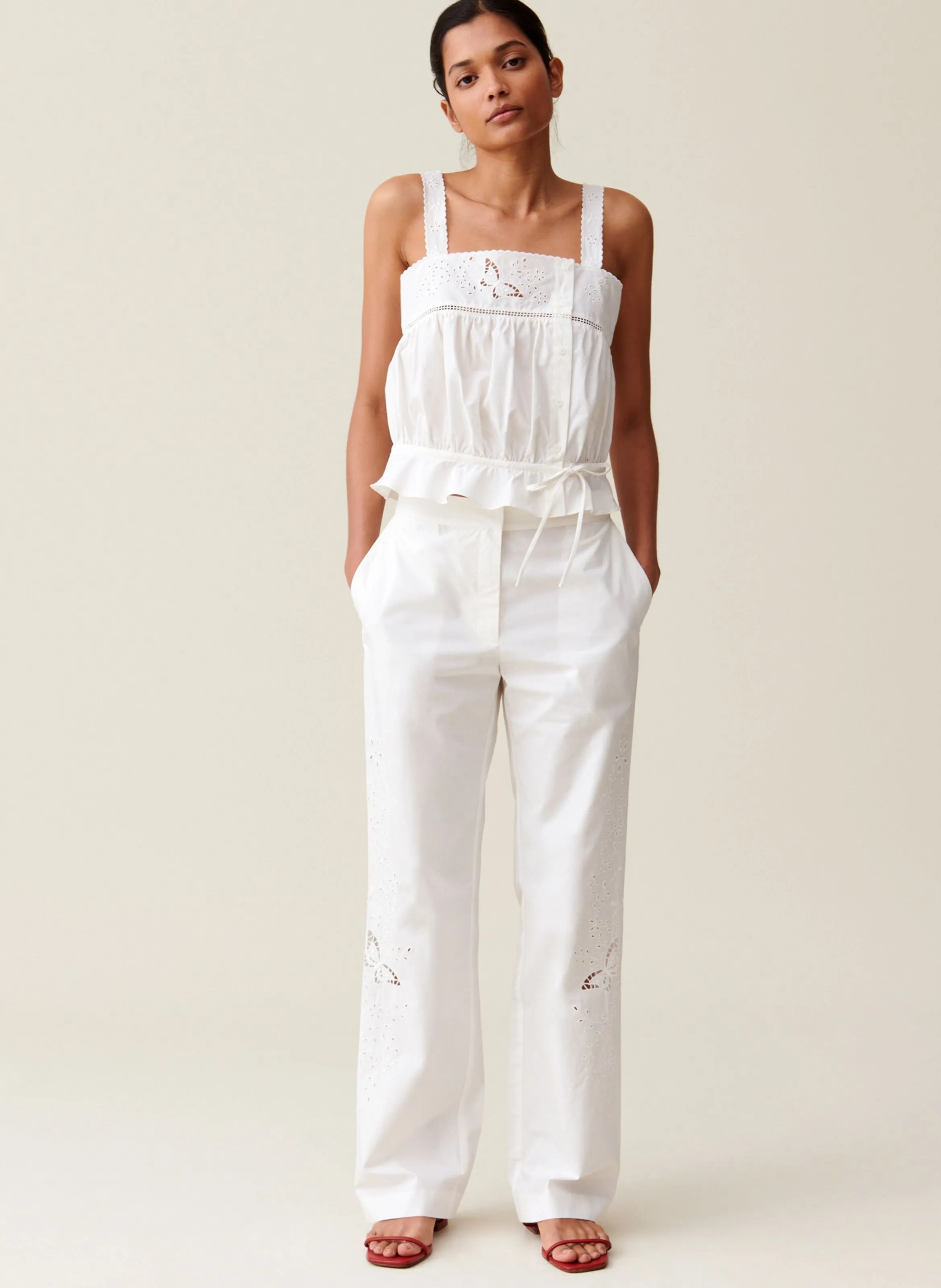 CLAUDIE PIERLOT  Pantalon droit brodé en coton - Blanc