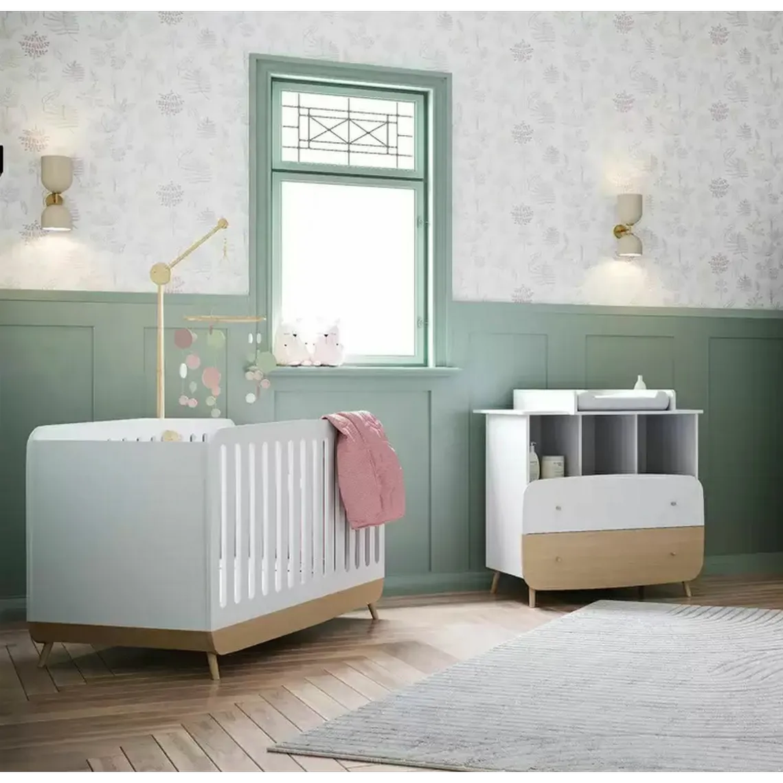 Ensemble FIRMANIA lit bébé + plan à langer pour commode + commode 2 tiroirs et 3 niches - blanc et pin natu