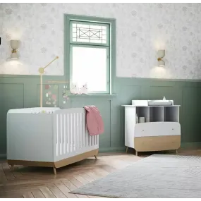 Ensemble FIRMANIA lit bébé + plan à langer pour commode + commode 2 tiroirs et 3 niches - blanc et pin natu