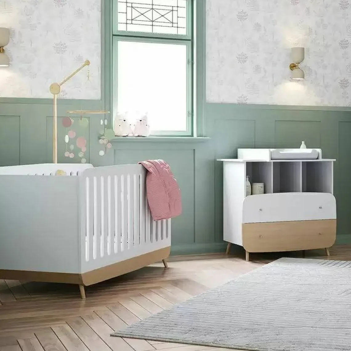 Ensemble lit bébé complet avec kit evolutif + plan à langer pour commode + commode 2 tiroirs et 3 niches - 