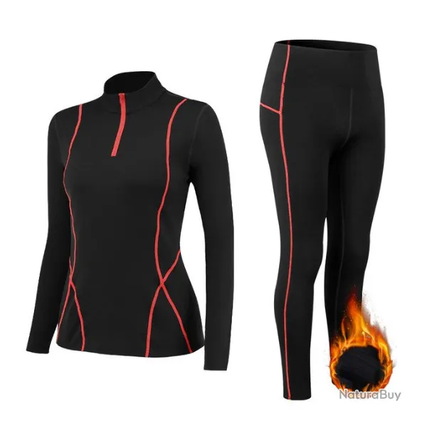 Ensemble sous-vêtement thermique femme, 2 pièces, noir/orange, tailles S à XXL.