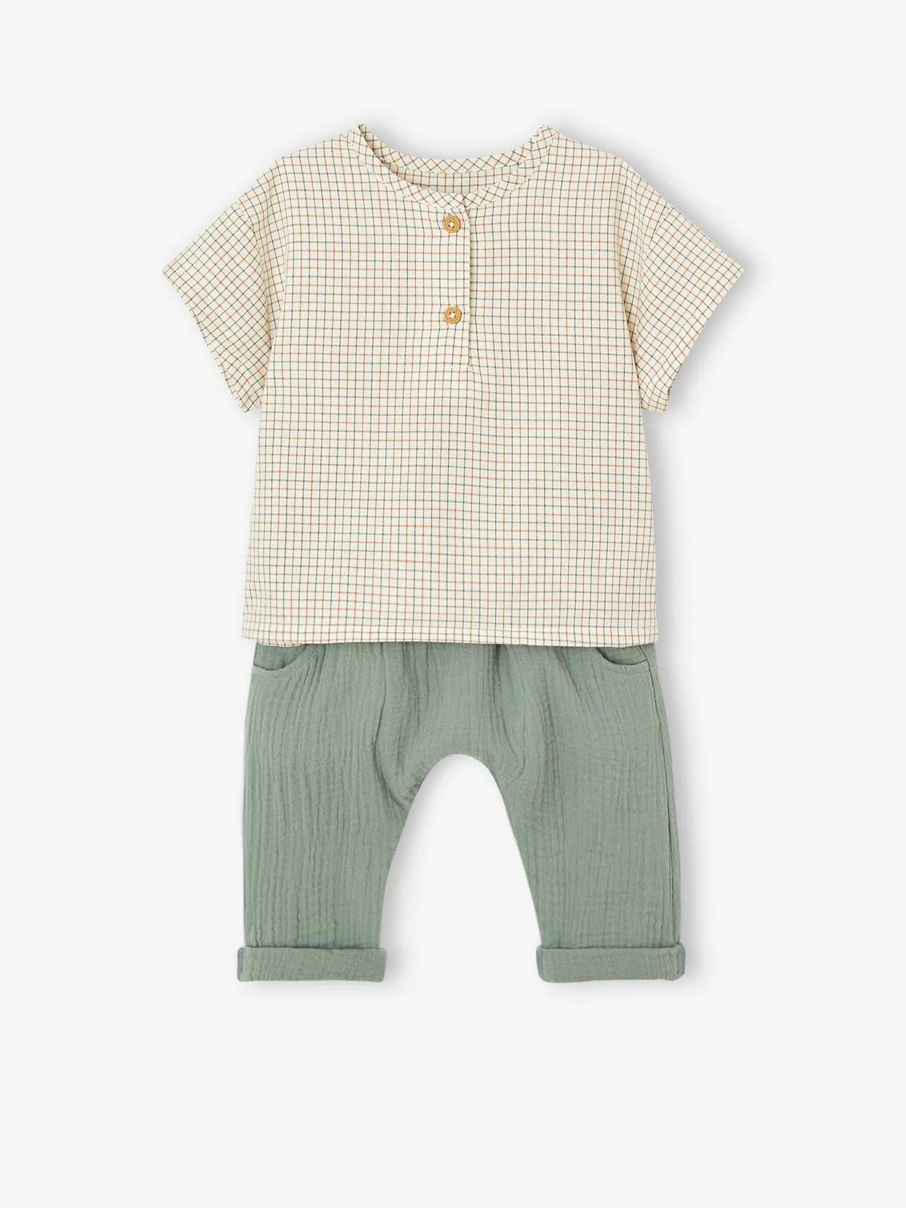 Ensemble t-shirt et pantalon en gaze de coton naissance vert de gris - Vertbaudet