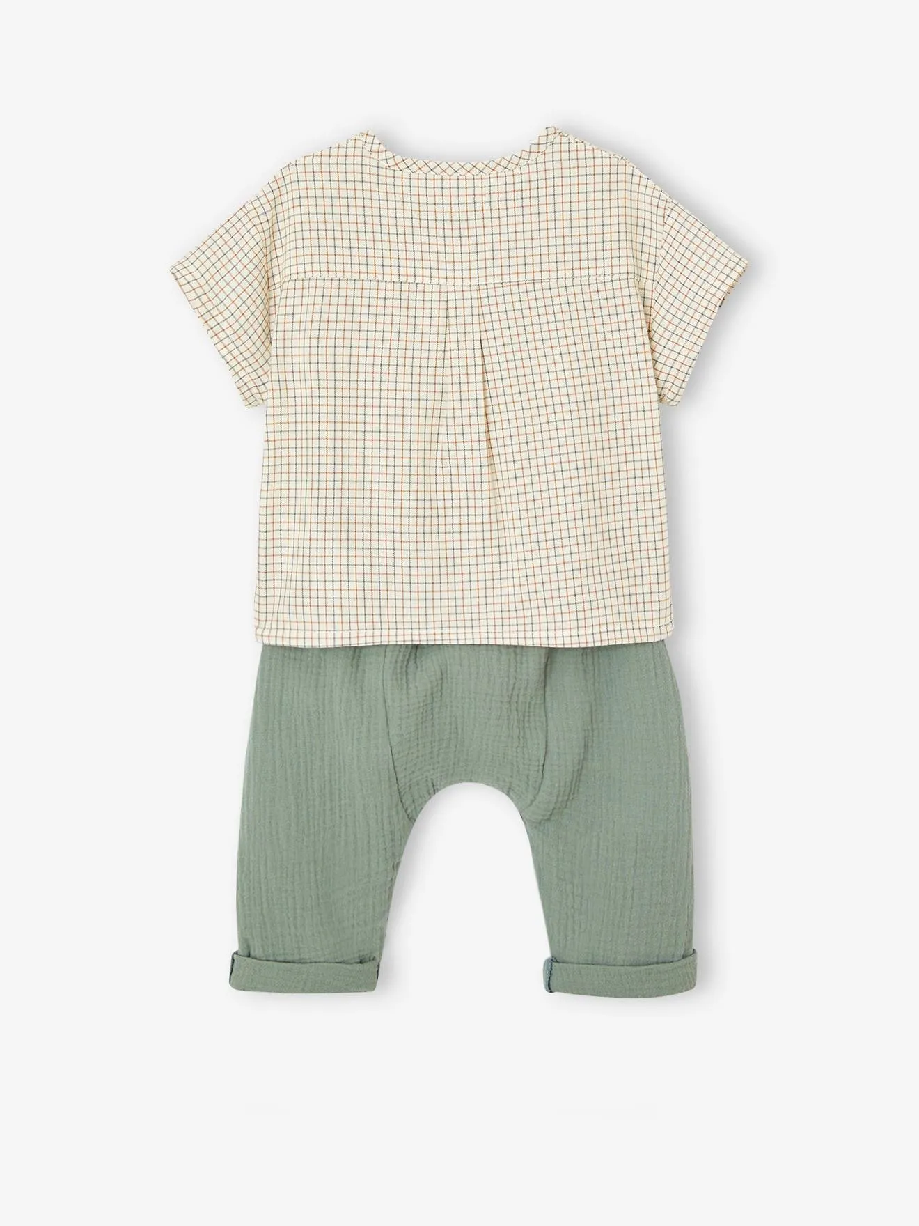 Ensemble t-shirt et pantalon en gaze de coton naissance vert de gris - Vertbaudet