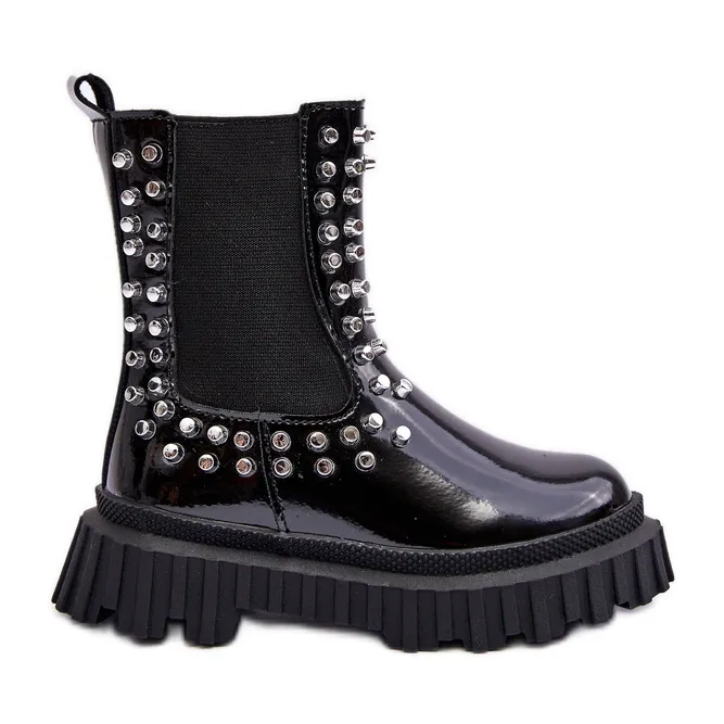 FR1 Bottines Chelsea fille vernies ornées de strass Adélie noirs le noir