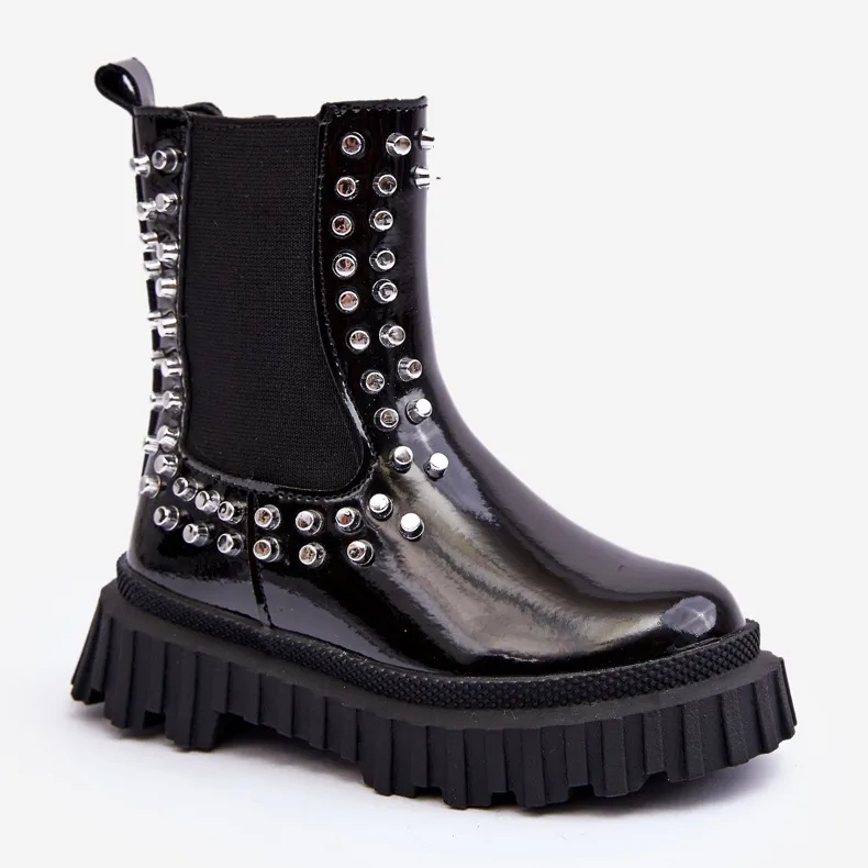 FR1 Bottines Chelsea fille vernies ornées de strass Adélie noirs le noir