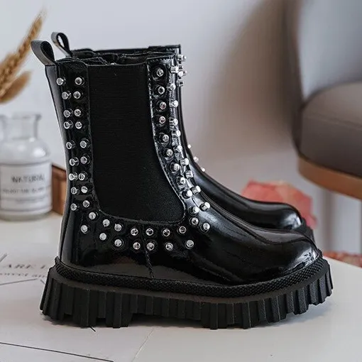 FR1 Bottines Chelsea fille vernies ornées de strass Adélie noirs le noir