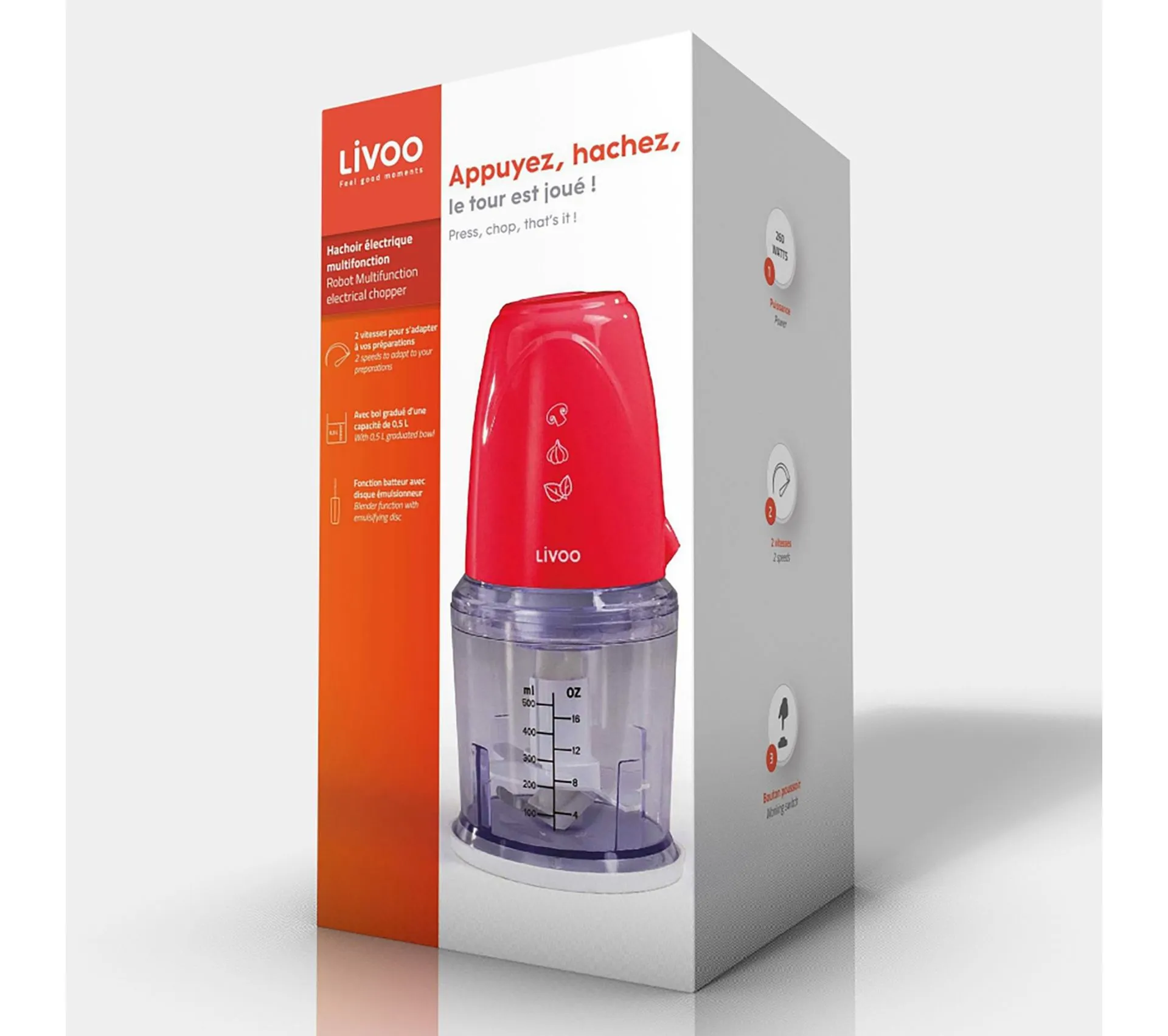 Hachoir Électrique Multifonction Rouge Livoo Dop207r - Capacité 0,5l - 2 Vitesses