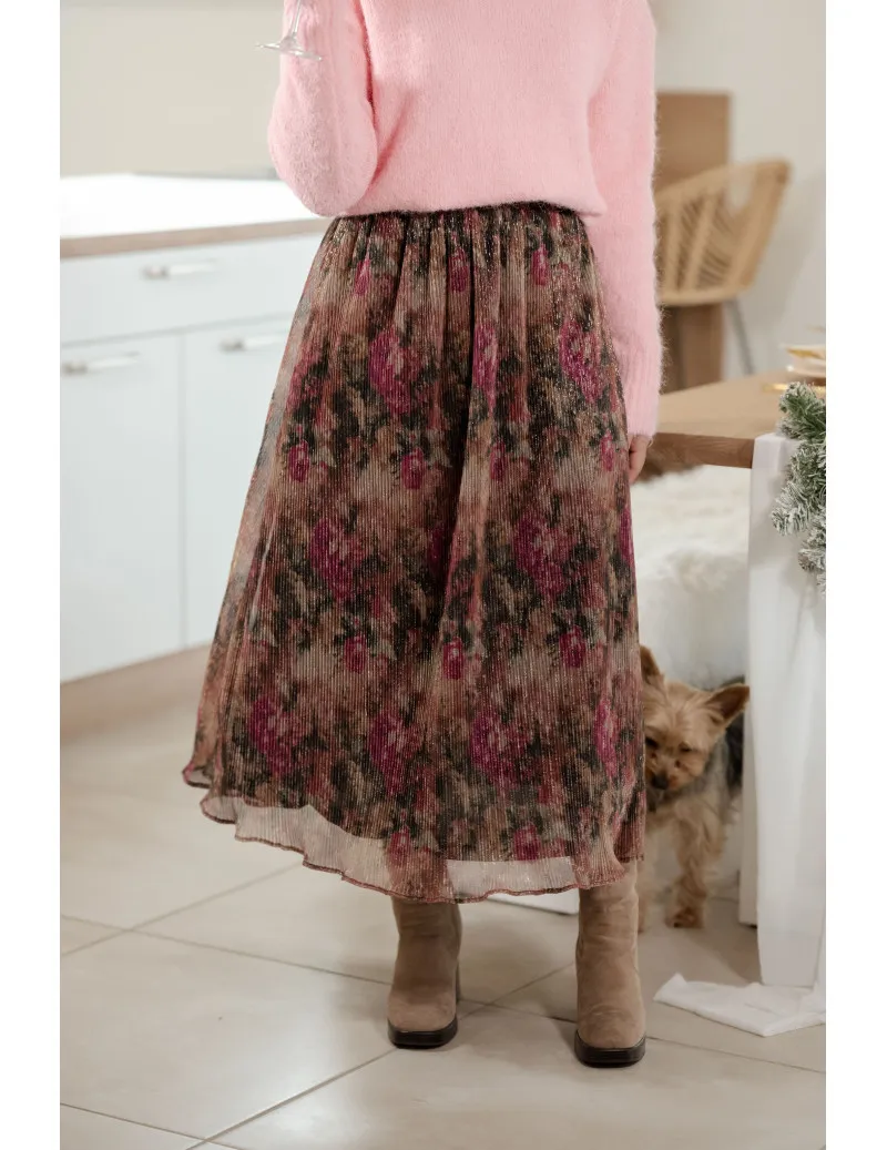 Jupe Longue Lurex Imprimé Rose "Barbara" | MONLOOK