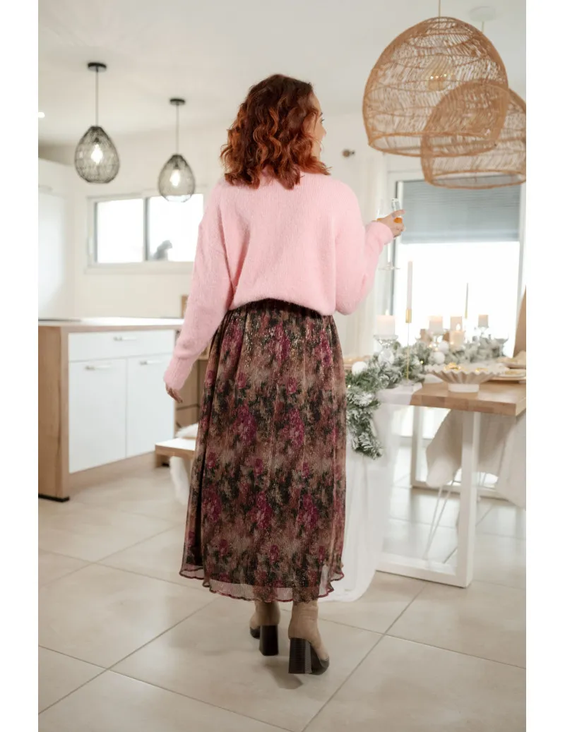 Jupe Longue Lurex Imprimé Rose "Barbara" | MONLOOK