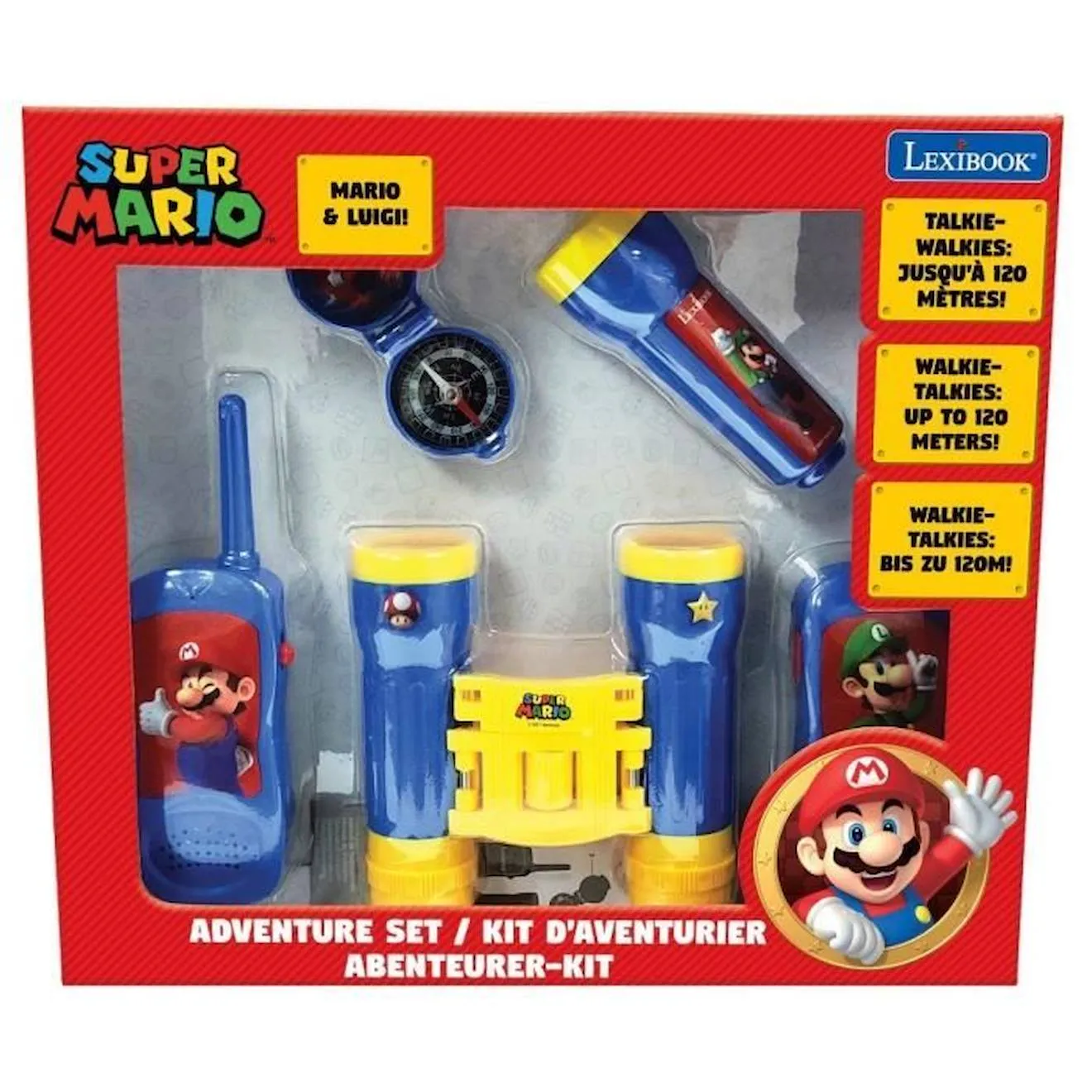 Kit d'aventurier Super Mario - Talkie-Walkies, jumelles, lampe torche et boussole rouge - Lexibook