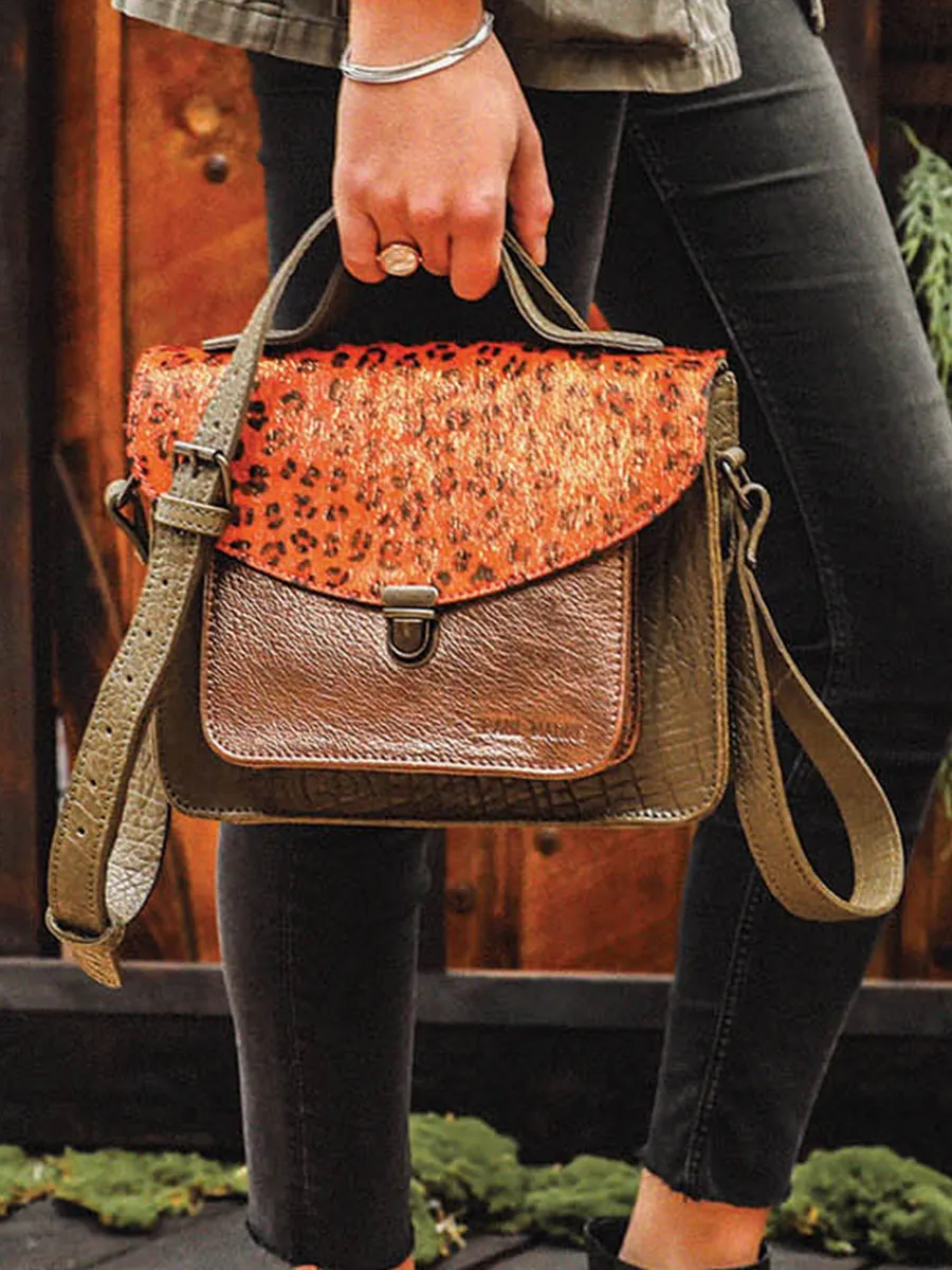 LEATHER HAND BAG FOR WOMAN ORANGE,COPPER Mademoiselle George leopard - Orange Copper