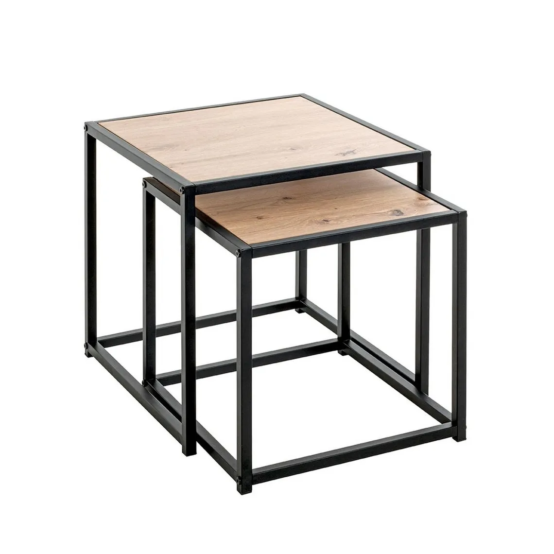 Lot de 2 tables d'appoint métal noir laqué plateau décor chène | 3 Suisses