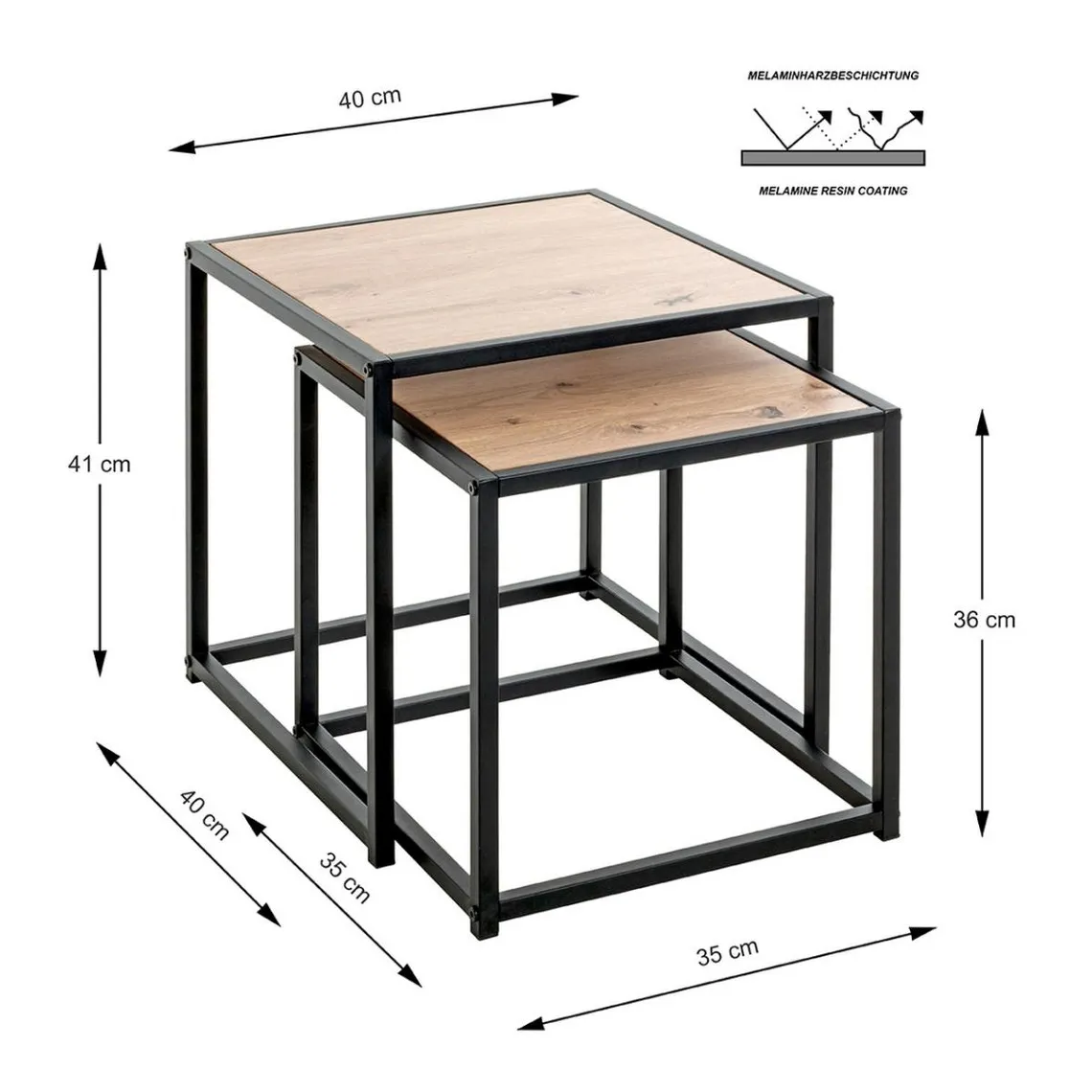 Lot de 2 tables d'appoint métal noir laqué plateau décor chène | 3 Suisses