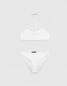 Maillot de bain 2 pièces gris dentelle fille