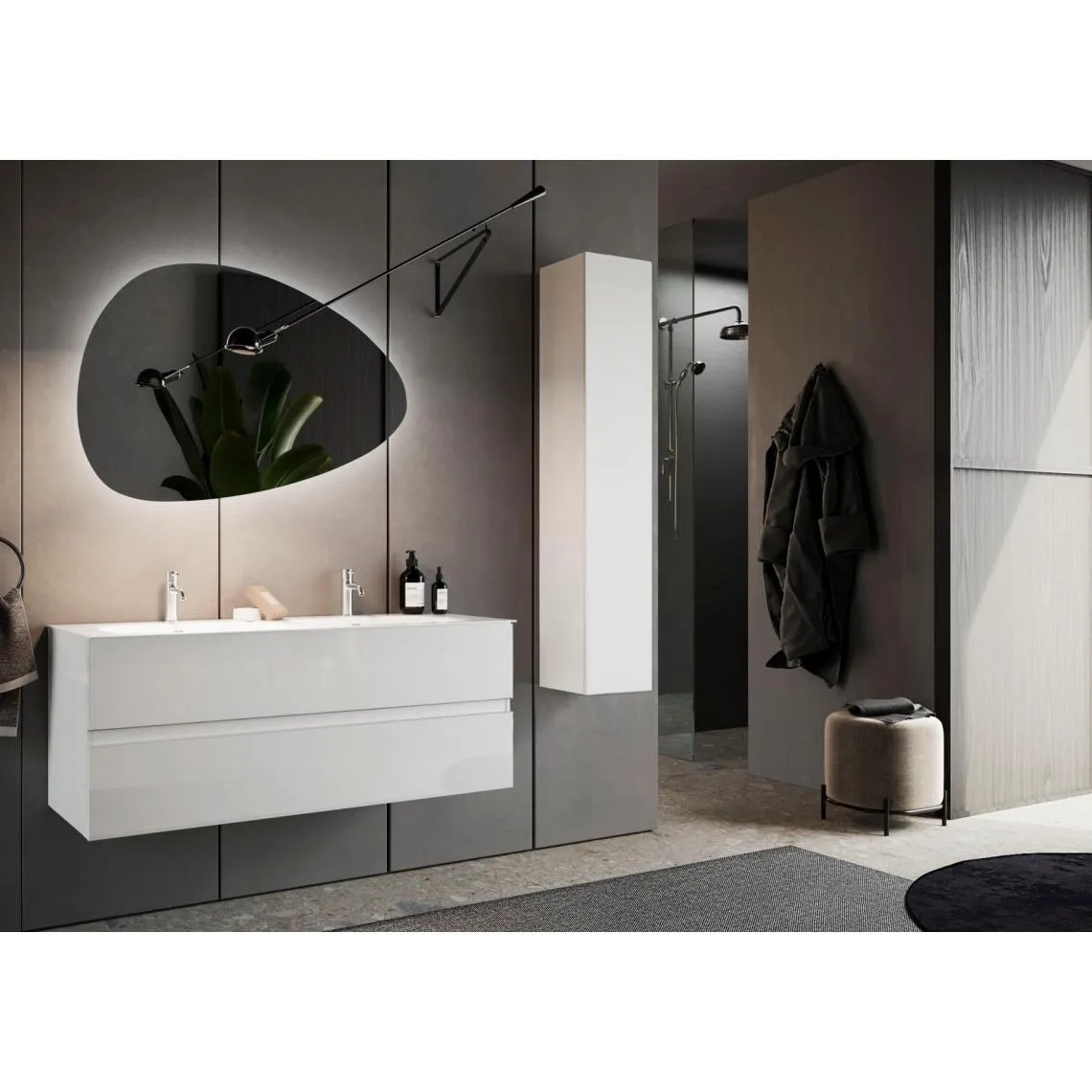 Meuble salle de bain Sienna suspendu laqué brillant blanc 2 tiroirs avec double vasque  | 3 Suisses